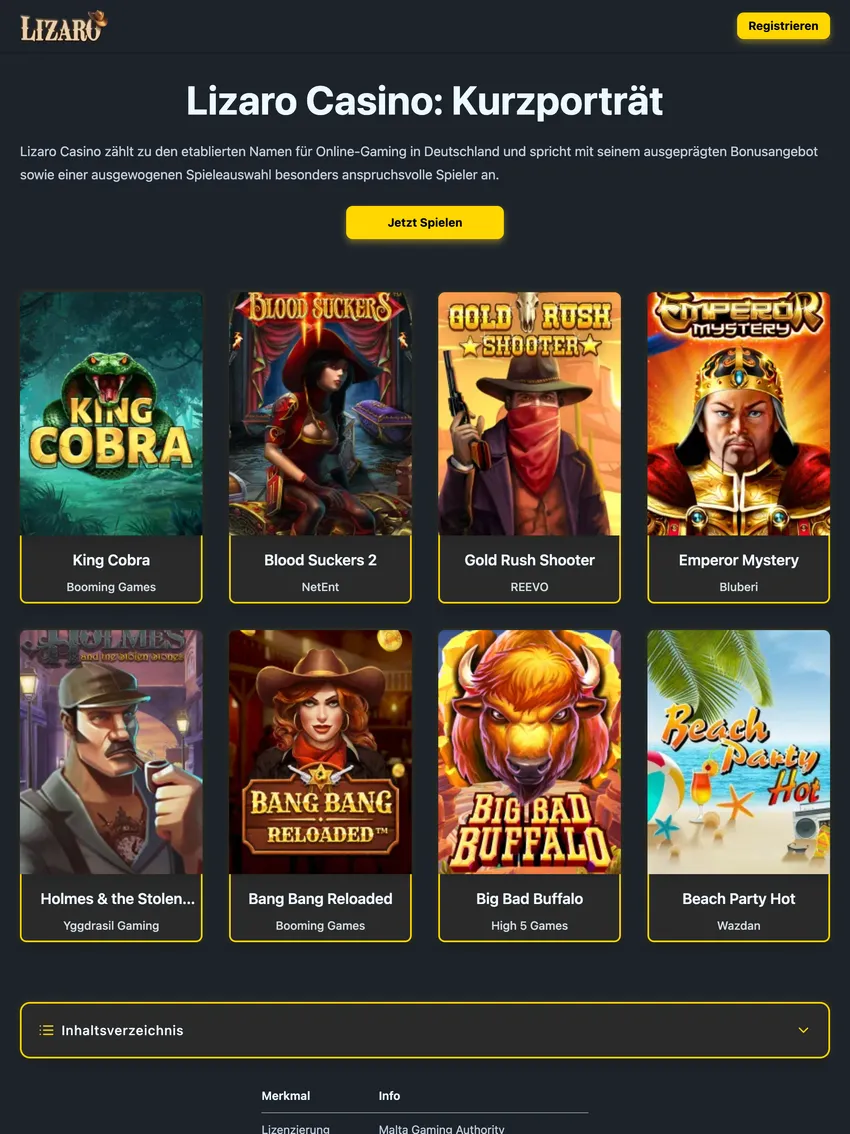 Screenshot des Lizaro Casinos